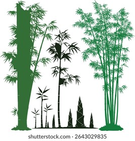 Collection of black and white bamboo silhouettes, showcasing various sizes and growth stages. Isolated on a clean white background, perfect for design projects needing a nature-inspired element.
