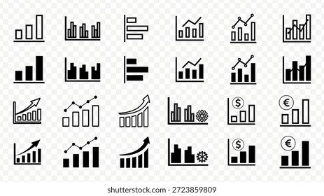 Collection of black and white bar and line graph icons with transparent background chart bar chart