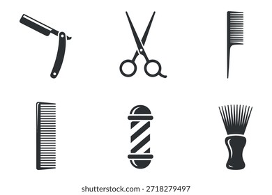 Una colección de herramientas de barbero en blanco y negro que incluye una tijera de afeitar recta y varios peines