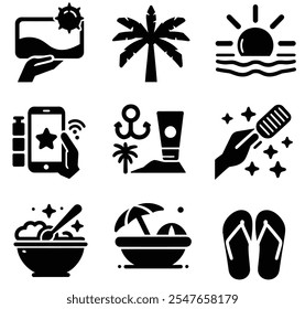 A collection of black and white beach icons including a sun and a beach scene
