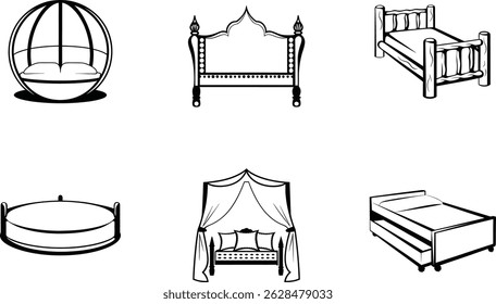 Collection of black and white bed illustrations for interior design projects