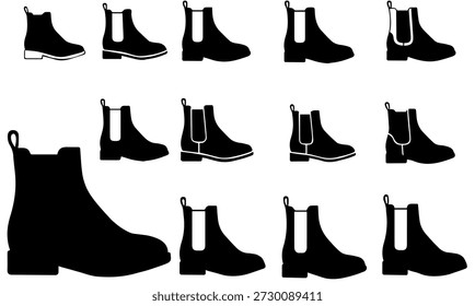 Collection of black and white boot silhouettes, including Chelsea boots and ankle boots, for fashion design and e-commerce
