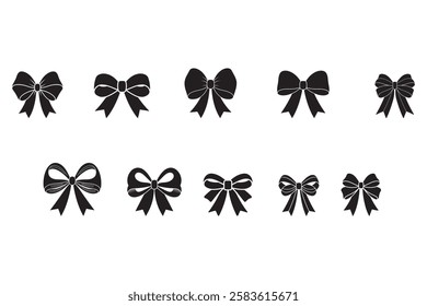 Collection of Black and White Bow Designs, Ribbon bow icon set. Gift, present design elements. Holiday decoration concept. Vector illustration.