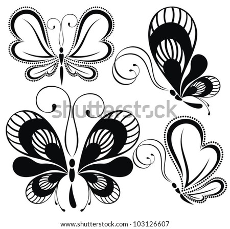 Collection black and white butterflies