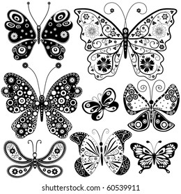 Collection black and white butterflies for design isolated on white (vector)