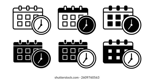 Collection of Black and White Calendar and Clock Icons for Schedule and Time Management Vector Design