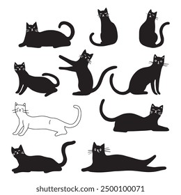 Collection of black and white cat silhouettes in various poses, highlighting the graceful and playful nature of cats.
