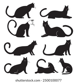 Collection of black and white cat silhouettes in various poses, highlighting the graceful and playful nature of cats.
