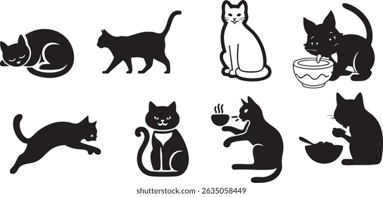 A collection of black and white cat silhouettes in various poses and activities on a white background