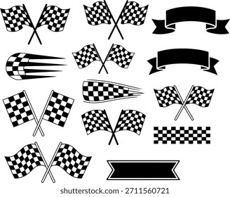 Colección de banderas de carreras a cuadros en blanco y negro, banderas cruzadas, ondeando banderas, cintas y Anuncios. Elementos de diseño temáticos de automovilismo y carreras aislados sobre fondo blanco, adecuados para la competencia, la velocidad, la victoria y los diseños relacionados con el deporte.