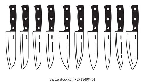collection of black and white chef knives with riveted handles 