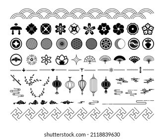 Collection of black and white Chinese ornaments and symbols. Decorative Asian elements.