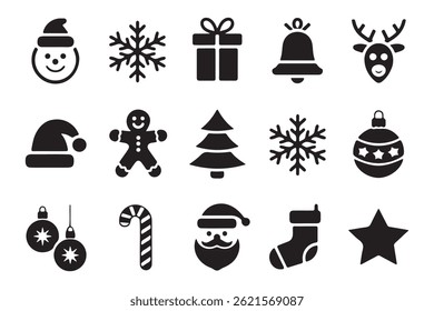 A collection of black and white Christmas icons.