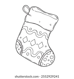 Collection of black and white Christmas stockings with ornament (socks for gifts) and snowflakes in doodle hand draw style.