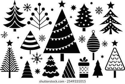 Collection of black and white Christmas tree symbols, fir tree line drawings, holiday icons.