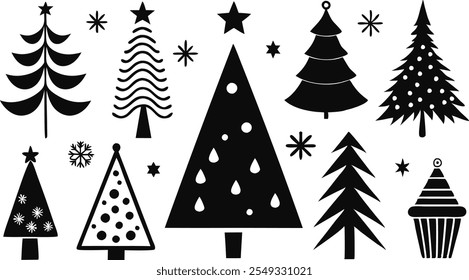 Collection of black and white Christmas tree symbols, fir tree line drawings, holiday icons.