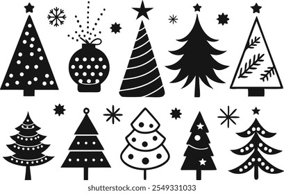 Collection of black and white Christmas tree symbols, fir tree line drawings, holiday icons.