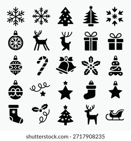 Collection of black and white christmas vector icons showcasing festive holiday elements