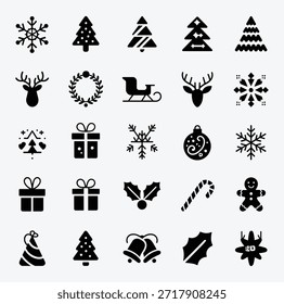 Kollektion von schwarz-weißen Weihnachts-Vektorsymbolen mit Hirschen und Ornamenten
