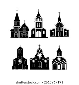Collection of Black and White Church Icons in Artistic Silhouettes