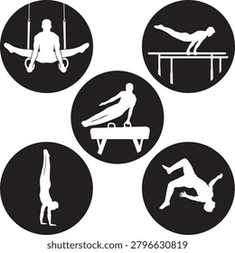 A collection of black and white circular icons showing male athletes performing various gymnastics movements, including rings, bars, and tumbling.