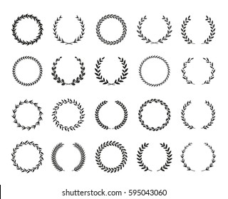 Collection of black and white circular laurel wreaths for use as design elements in heraldry on an award certificate manuscript and to symbolise victory illustration in silhouette