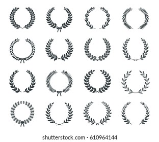 Collection of black and white circular laurel wreaths. Can be used as design elements in heraldry on an award certificate manuscript and to symbolise victory illustration in silhouette