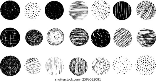 A collection of black and white circular patterns featuring various textures and designs, including dots, lines, and swirls.