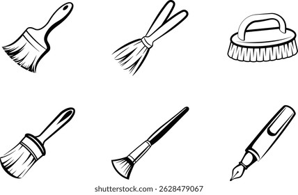Collection of black and white cleaning and painting tools line art