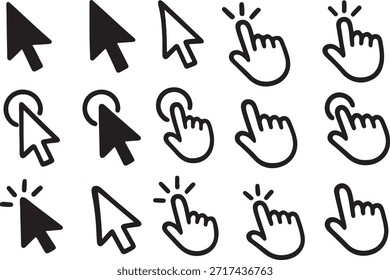 Coleção de ícones de cursor em preto e branco que ilustram vários estados de clique e interações para o design da interface do usuário