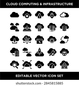 Collection of black and white cloud computing infrastructure icons