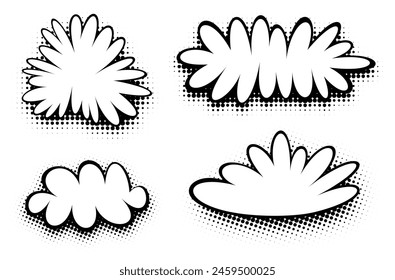 Una colección de burbujas de discurso de cómic en blanco y negro en varias Formas con sombras de semitonos, ideal para la narración de cómics dinámica y expresiva.