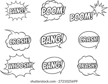 Uma coleção de bolhas de efeitos sonoros de quadrinhos em preto e branco com palavras como BANG, BOOM, CRASH, CROSH e WHOOSH, projetado em um estilo clássico de pop art.