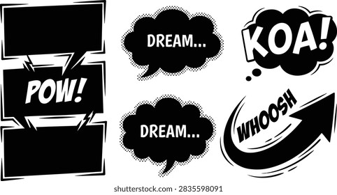 A collection of black and white comic book style speech bubbles and sound effect elements on a white background.