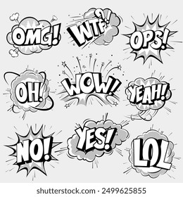 Collection of black and white comic speech bubbles set with groovy raster shadow texture. Vector flat illustration collection.