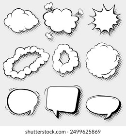 Collection of black and white comic speech bubbles set with groovy raster shadow texture. Vector flat illustration collection.