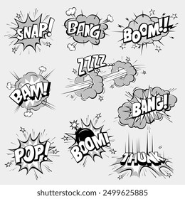 Collection of black and white comic speech bubbles set with groovy raster shadow texture. Vector flat illustration collection.
