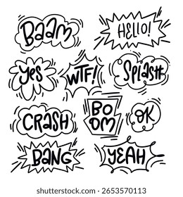 Coleção de bolhas de fala em quadrinhos em preto e branco com palavras manuscritas como boom, crash, splash, hello e yes. Perfeito para quadrinhos, arte pop ou design divertido.