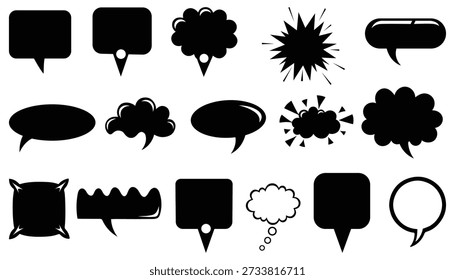 A collection of black and white comic speech bubbles, thought bubbles, chat silhouette, solid filled, icon set, flat vector illustration design, isolated on a white background.