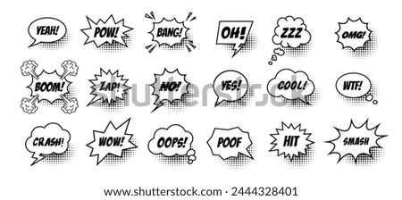 Collection of black and white comic speech bubbles with text isolated on a white background. Vector flat illustration.