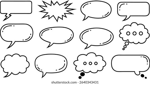 Collection of black and white comic style speech bubbles for communication and graphic design projects