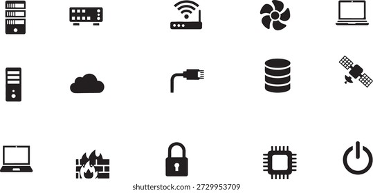 Collection of black and white computer icons and symbols for technology and networking on a white background