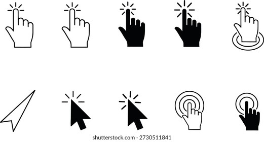 A collection of black and white computer mouse cursor icons and hand pointer symbols
