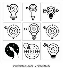 Colección de ilustraciones conceptuales en blanco y negro que representan la innovación y los objetivos
