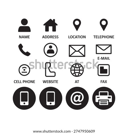 Collection of black and white contact and communication icons displayed neatly