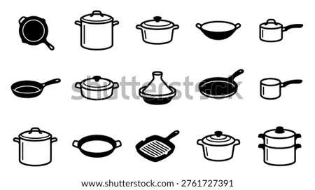 Collection of black and white cookware icons featuring various pots, pans, a wok, and a tagine, presented in a clean, minimalist graphic style for culinary concepts