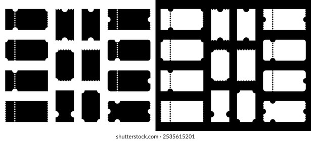 Colección de Cupón blanco y negro. Conjunto de maqueta de boletos. Ilustración vectorial de iconos aislados.