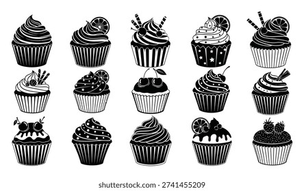 Collection of black and white cupcake with various toppings and decorations dessert