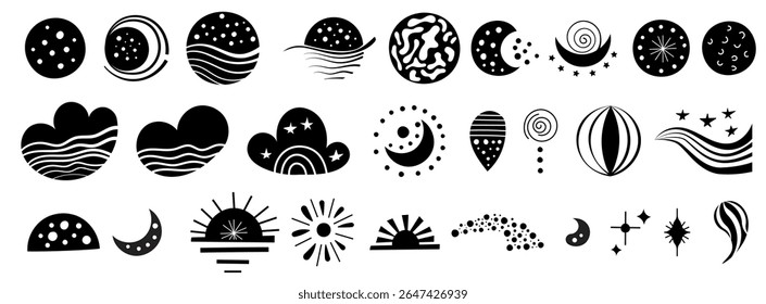 A collection of black and white designs featuring cosmic elements and abstract shapes. The artwork includes stars, planets, waves, and various swirls, perfect for graphic design projects.