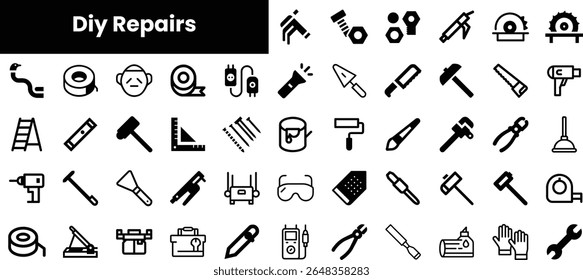 A collection of black and white DIY repair icons including tools, safety gear, and materials, perfect for home improvement projects and crafting.